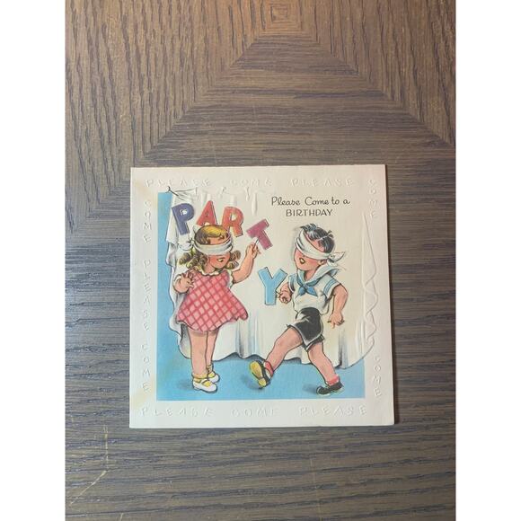 Laughing Blindfolded Girl and Boy, Please Come to a Birthday Party, 1950 - Picture 1 of 3